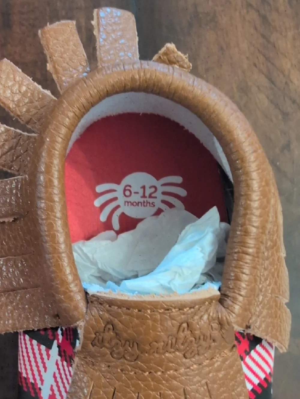 Baby Moccasins Brown Fringe with Red Plaid. Never Used